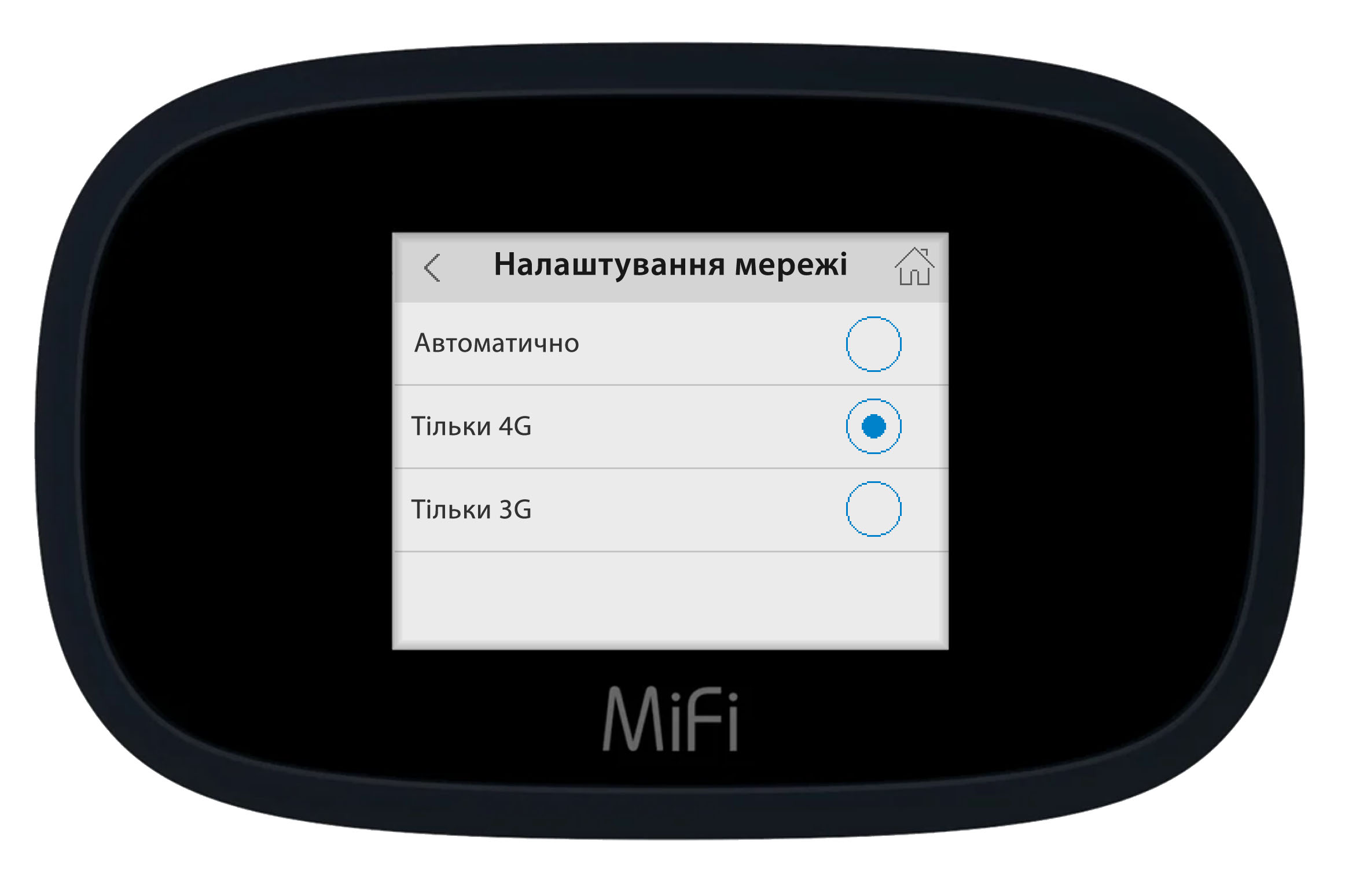 Меню вибору режиму мережі через сенсорний дисплей Inseego (Novatel) 8000 (8800L)